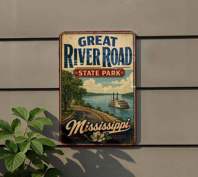 A vintage-style sign for Great River Road State Park in Mississippi, featuring a scenic illustration of a river, trees, and a steamboat.