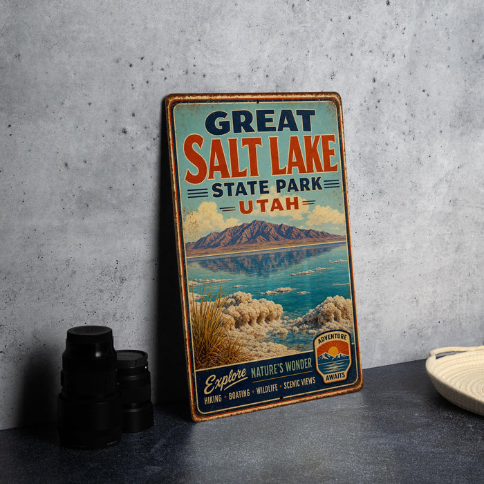 A vintage metal sign advertising the Great Salt Lake State Park in Utah, featuring a scenic illustration of the lake and mountains.