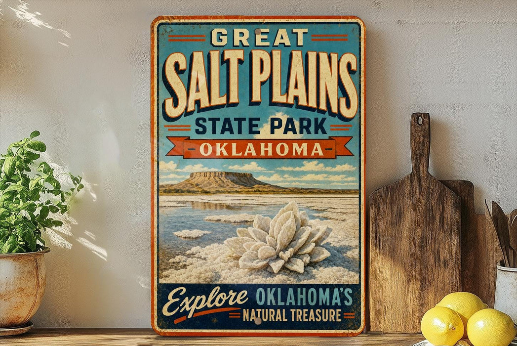 A vintage-style sign for Great Salt Plains State Park in Oklahoma, featuring a scenic image of the park and its natural beauty.
