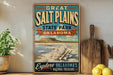 A vintage-style sign for Great Salt Plains State Park in Oklahoma, featuring a scenic image of the park and its natural beauty.