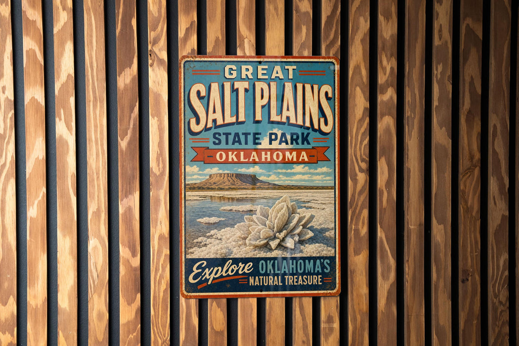 A vintage-style metal sign for Great Salt Plains State Park in Oklahoma, featuring a scenic landscape with a mountain and a large flower.