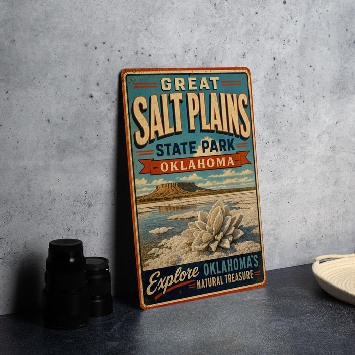 A vintage-style sign for Great Salt Plains State Park in Oklahoma, featuring a scenic illustration of the park and its natural beauty.