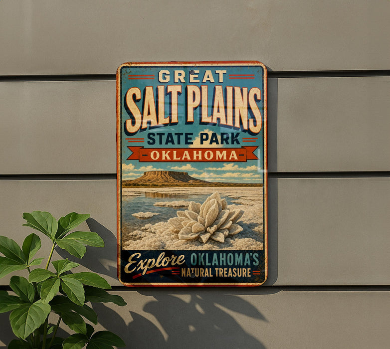 A vintage-style metal sign advertising the Great Salt Plains State Park in Oklahoma, featuring a scenic landscape with a mountain and a large flower.