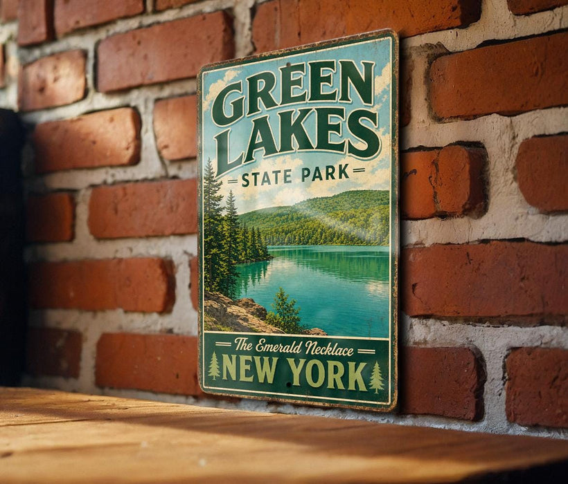 A vintage-style metal sign for Green Lakes State Park in New York, featuring a scenic image of a lake surrounded by pine trees and mountains.