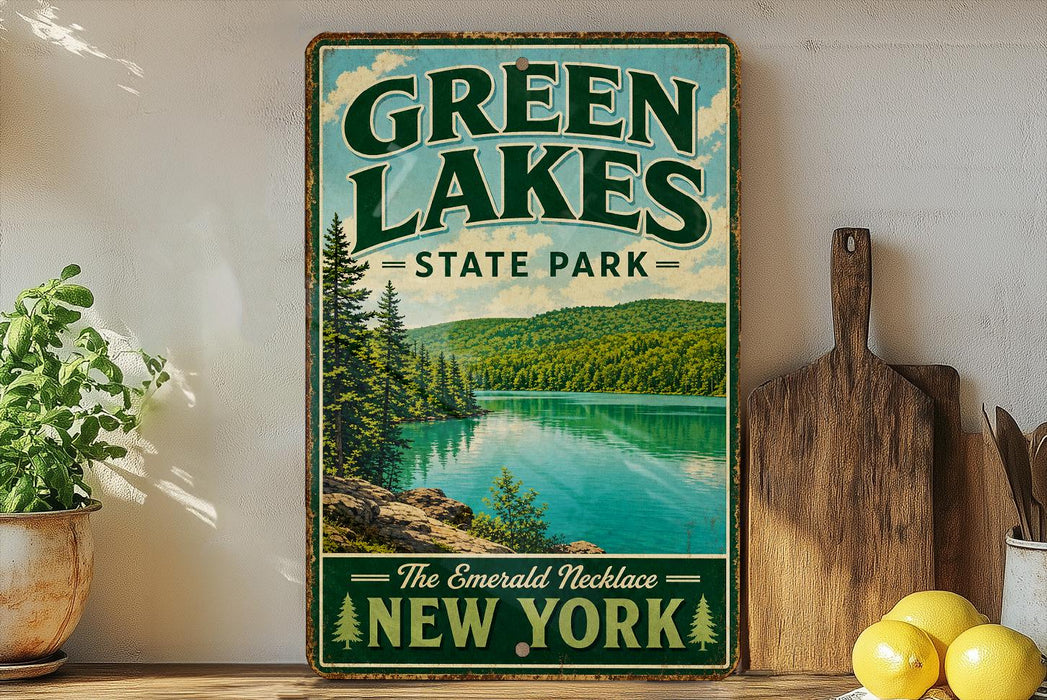 A vintage-style sign for Green Lakes State Park in New York, featuring a scenic image of the lake surrounded by pine trees and mountains.