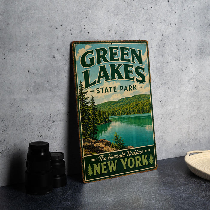 A vintage-style sign for Green Lakes State Park in New York, featuring a scenic image of the lake surrounded by pine trees and mountains.