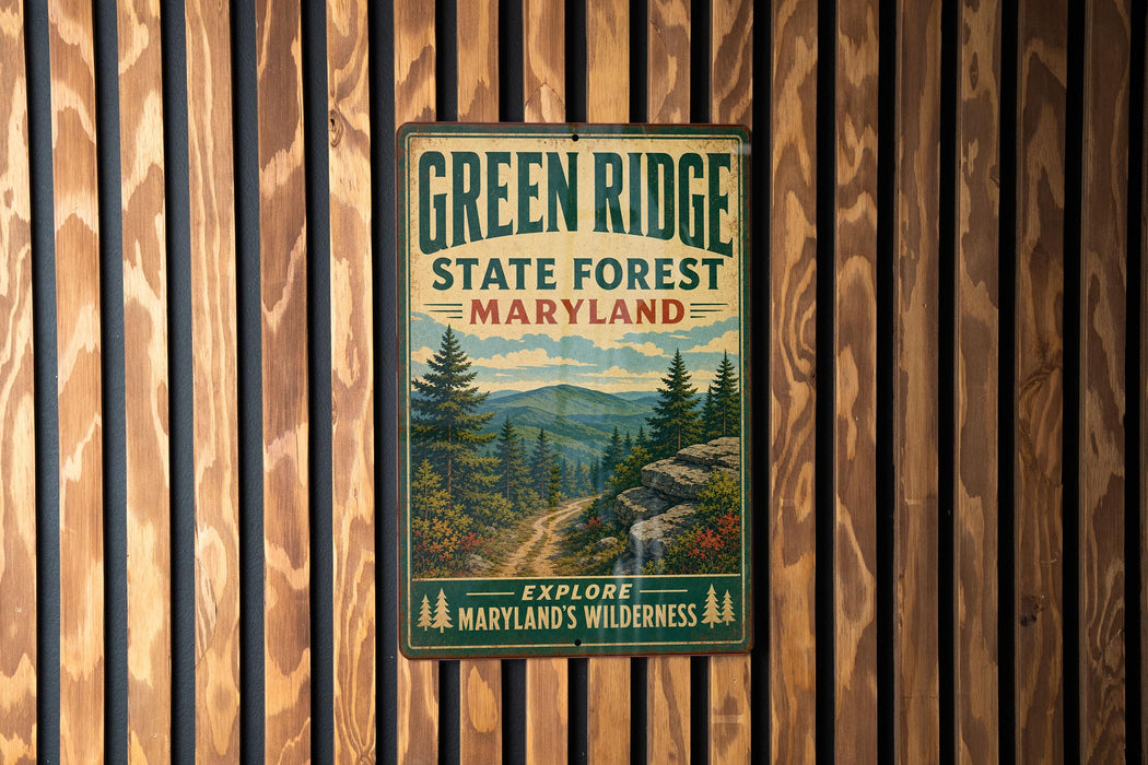 A vintage metal sign for Green Ridge State Forest in Maryland, featuring a scenic mountain landscape with pine trees and a winding trail.