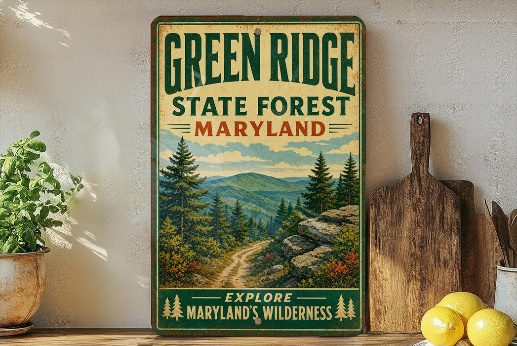A vintage-style metal sign for the Green Ridge State Forest in Maryland, featuring a scenic mountain landscape with pine trees and a winding trail.