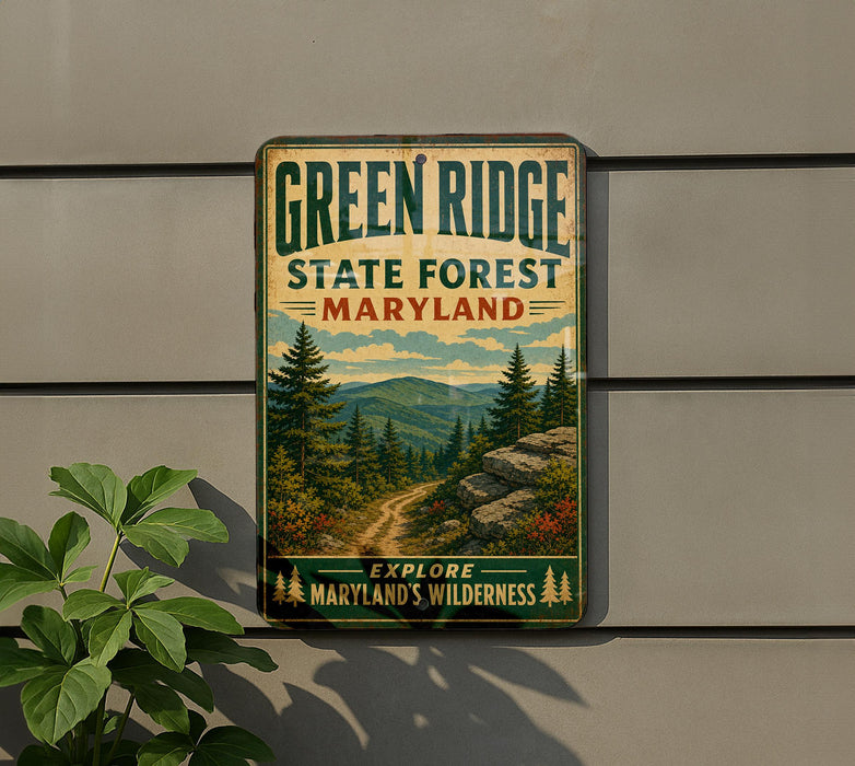 A vintage-style metal sign for Green Ridge State Forest in Maryland, featuring a scenic mountain landscape with pine trees and a winding trail.