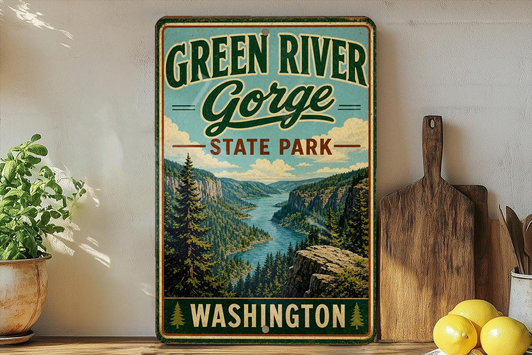 A vintage-style sign for Green River Gorge State Park in Washington, featuring a scenic mountain landscape with a river and pine trees.