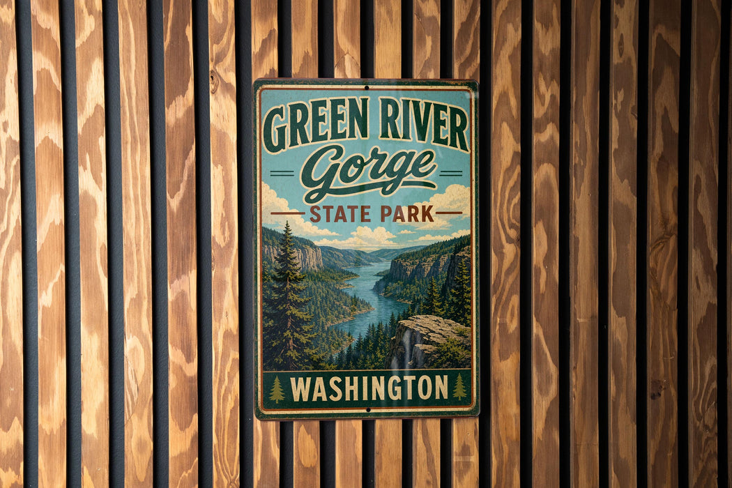 A vintage-style metal sign for Green River Gorge State Park in Washington, featuring a scenic mountain landscape with a river and pine trees.