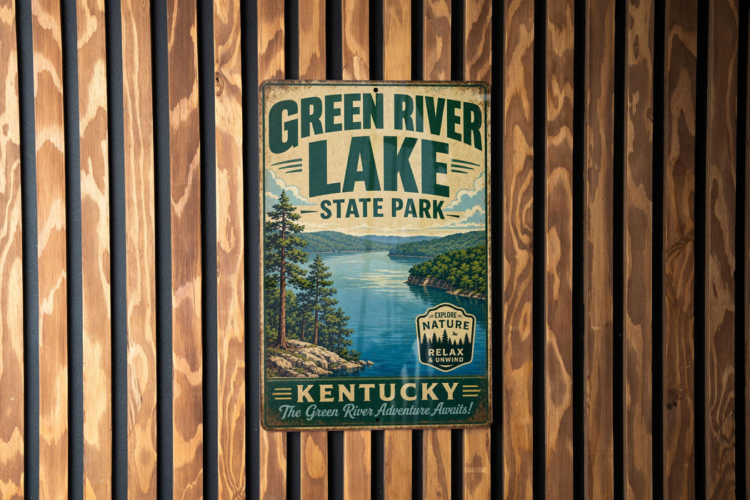 A vintage-style metal sign for Green River Lake State Park in Kentucky, featuring a scenic image of the lake surrounded by trees and mountains.