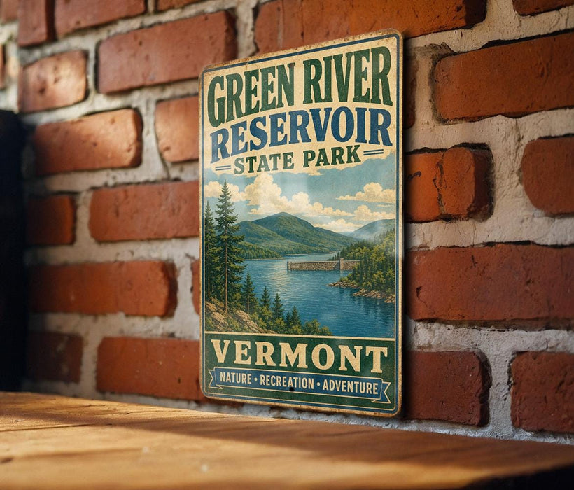 A vintage-style sign for Green River Reservoir State Park in Vermont, featuring a scenic landscape with mountains, trees, and a lake.