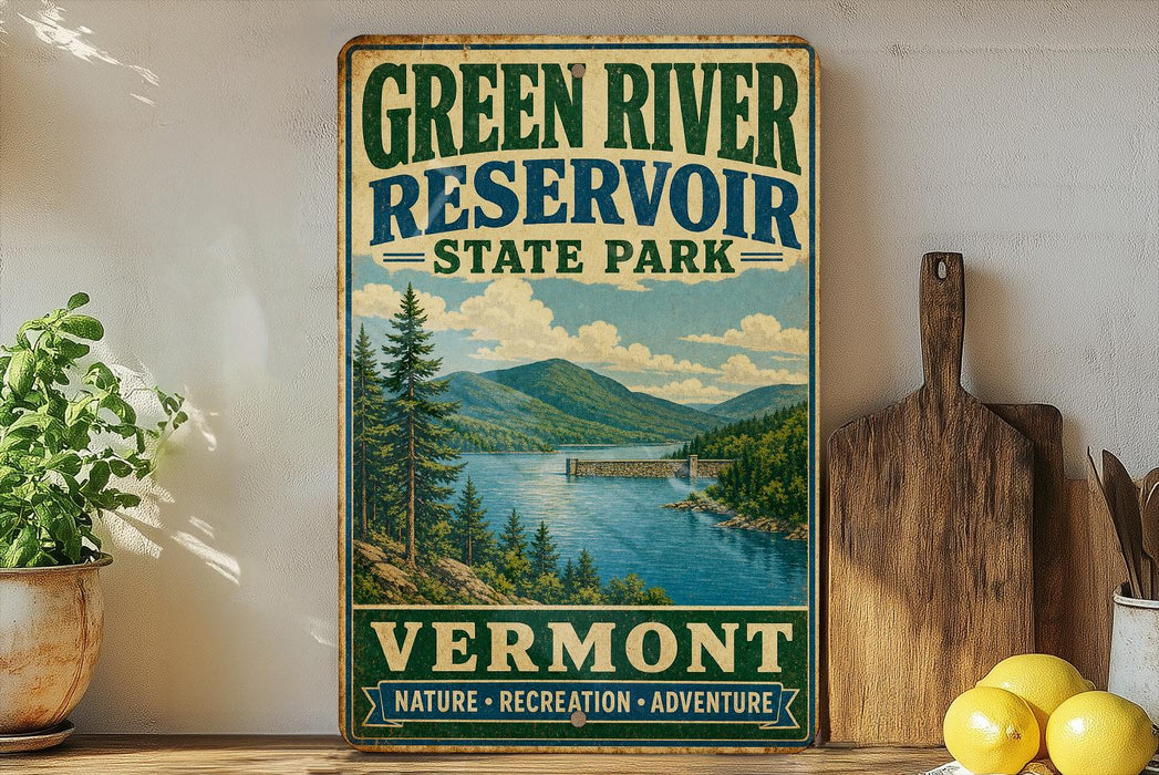 A vintage-style sign for Green River Reservoir State Park in Vermont, featuring a scenic landscape with mountains, trees, and a lake.