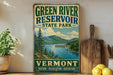 A vintage-style sign for Green River Reservoir State Park in Vermont, featuring a scenic landscape with mountains, trees, and a lake.