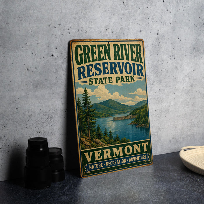 A vintage-style sign for Green River Reservoir State Park in Vermont, featuring a scenic landscape with mountains, trees, and a lake.