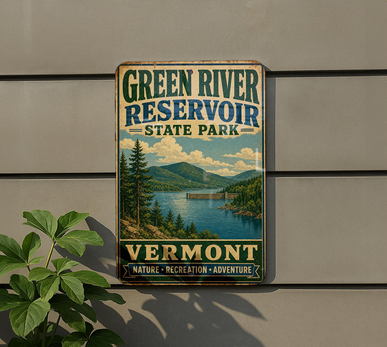 A vintage-style sign for Green River Reservoir State Park in Vermont, featuring a scenic landscape with mountains, trees, and a lake.