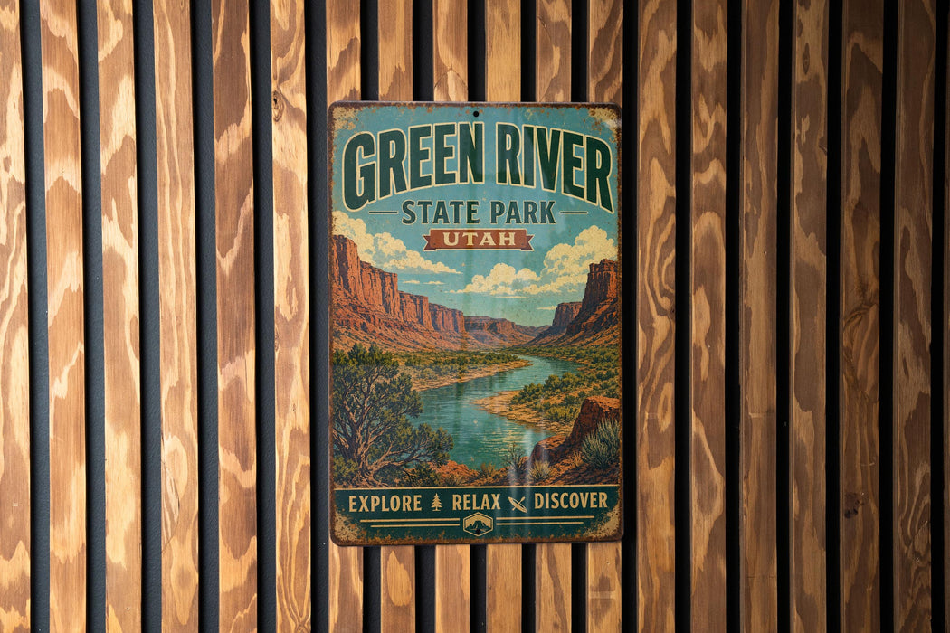 A vintage-style metal sign for Green River State Park in Utah, featuring a scenic illustration of the park's landscape.
