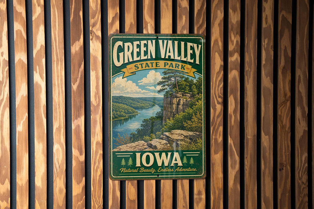 A vintage-style metal sign for Green Valley State Park in Iowa, featuring a scenic landscape with a river, cliffs, and trees.
