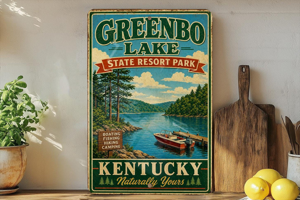 A vintage-style sign for Greenbo Lake State Resort Park in Kentucky, featuring a scenic image of a lake surrounded by trees and mountains.