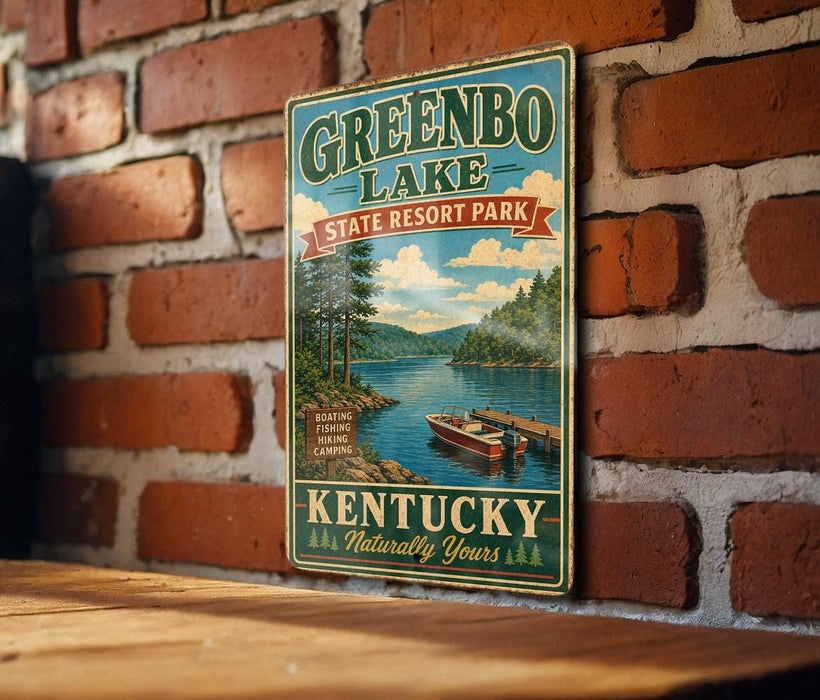 A vintage-style sign for Greenbo Lake State Resort Park in Kentucky, featuring a scenic image of a lake surrounded by mountains and trees.