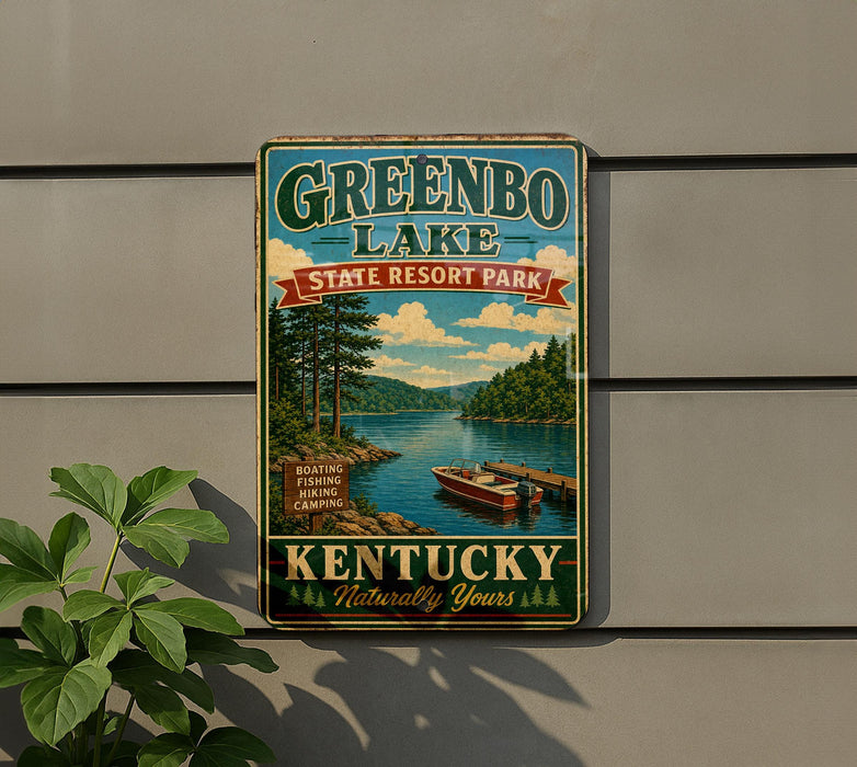 A vintage-style sign for Greenbo Lake State Resort Park in Kentucky, featuring a scenic image of the lake and surrounding landscape.
