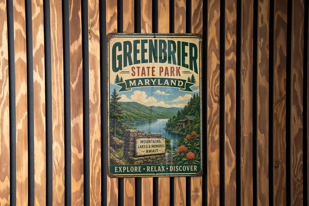 A vintage metal sign for Greenbrier State Park, Maryland, featuring a scenic landscape with mountains, lakes, and a cabin.