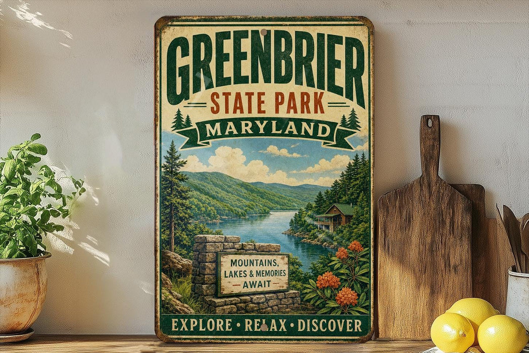 A vintage-style sign for Greenbrier State Park, Maryland, featuring a scenic mountain landscape with a lake and cabin.