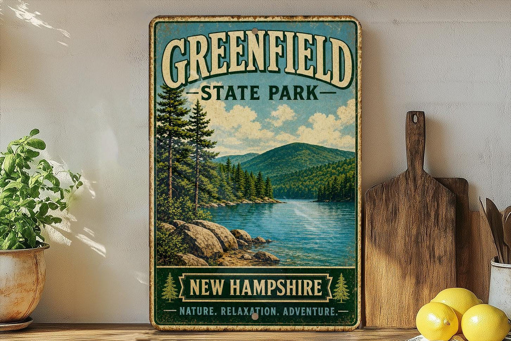 A vintage-style sign for Greenfield State Park in New Hampshire, featuring a scenic landscape with pine trees, a lake, and mountains.
