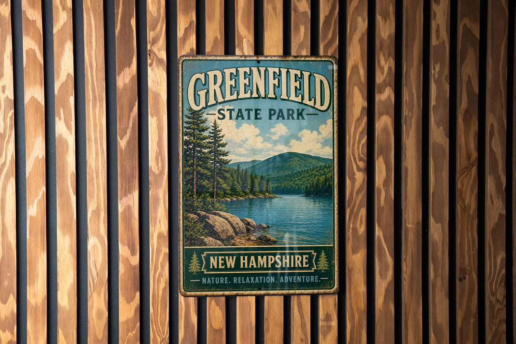 A vintage-style metal sign for Greenfield State Park in New Hampshire, featuring a scenic landscape with pine trees, a lake, and mountains.