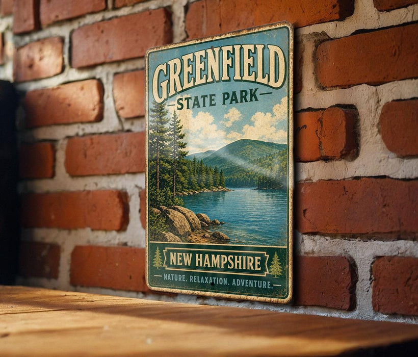 A vintage-style metal sign for Greenfield State Park in New Hampshire, featuring a scenic landscape with pine trees, a lake, and mountains.