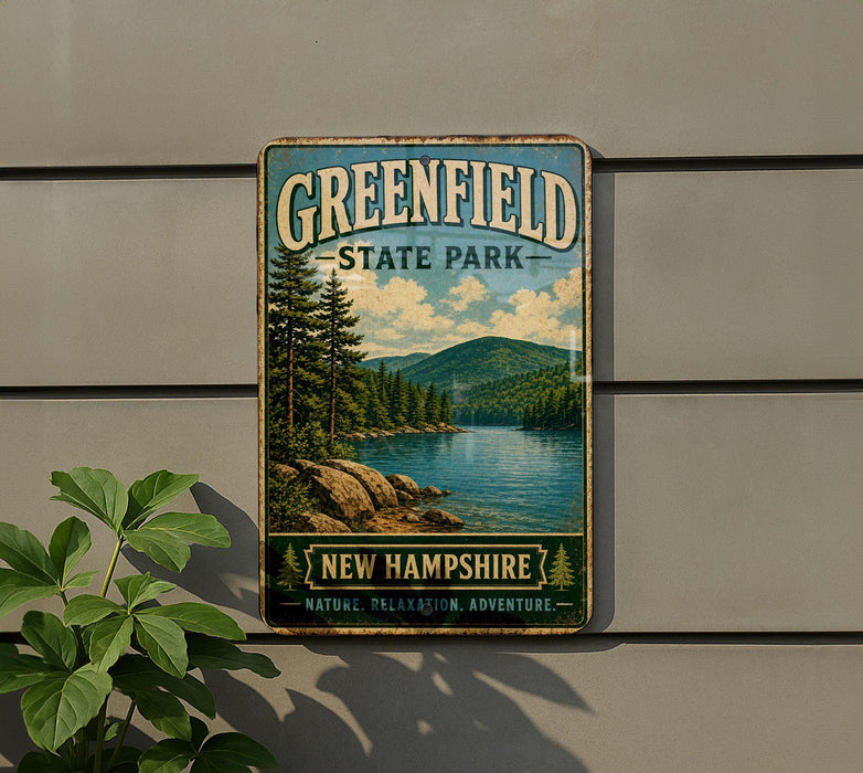 A vintage-style metal sign for Greenfield State Park in New Hampshire, featuring a scenic landscape with pine trees, a lake, and mountains.