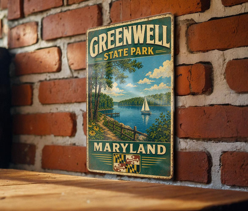A vintage metal sign for Greenwell State Park in Maryland, featuring a scenic landscape with a lake, sailboat, and trees.