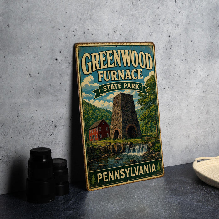 A vintage-style sign for Greenwood Furnace State Park in Pennsylvania, featuring an illustration of a stone chimney and a waterfall.