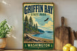 A vintage-style metal sign for Griffin Bay State Park in Washington, featuring a scenic landscape with pine trees, a beach, and a bird in flight.