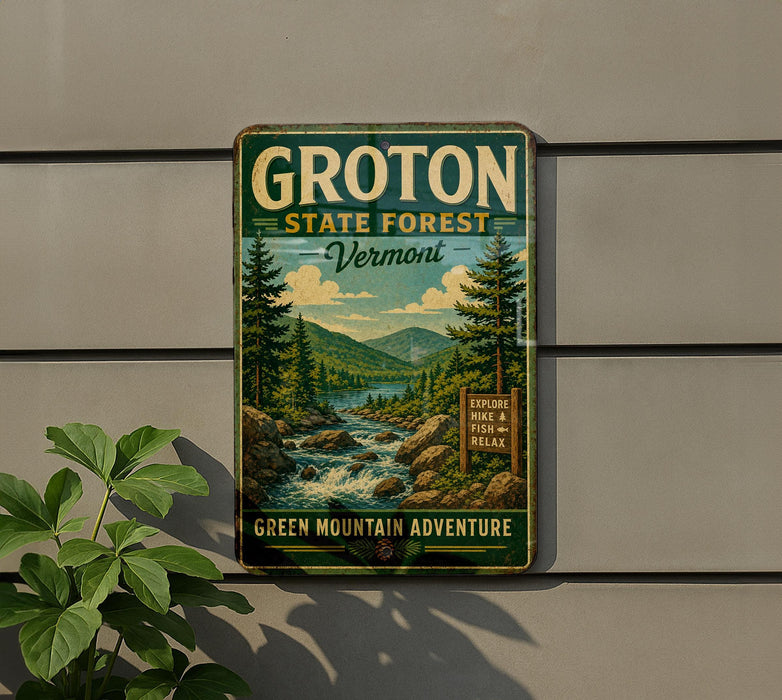A vintage-style metal sign for Groton State Forest in Vermont, featuring a scenic mountain landscape with pine trees and a river.