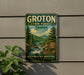 A vintage-style metal sign for Groton State Forest in Vermont, featuring a scenic mountain landscape with pine trees and a river.