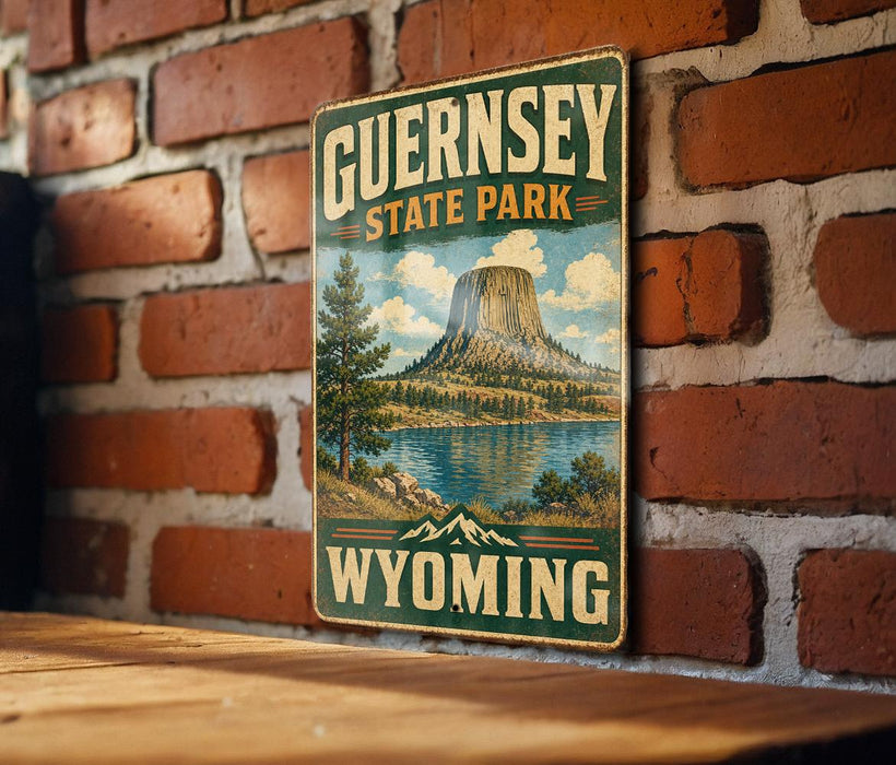 A vintage-style sign for Guernsey State Park in Wyoming, featuring a scenic landscape with a mountain, lake, and trees.