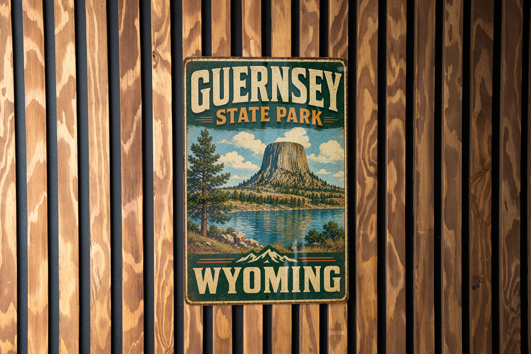 A vintage metal sign for Guernsey State Park in Wyoming, featuring a scenic landscape with a lake and mountains.