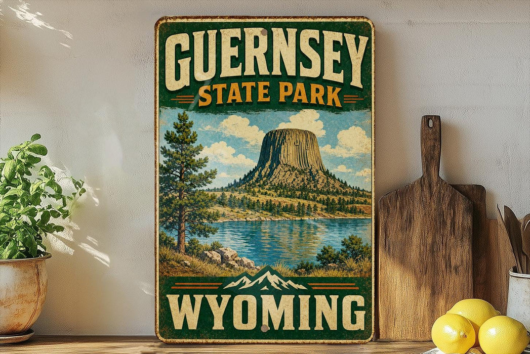 A vintage-style sign for Guernsey State Park in Wyoming, featuring a scenic landscape with a lake, mountains, and a large rock formation.