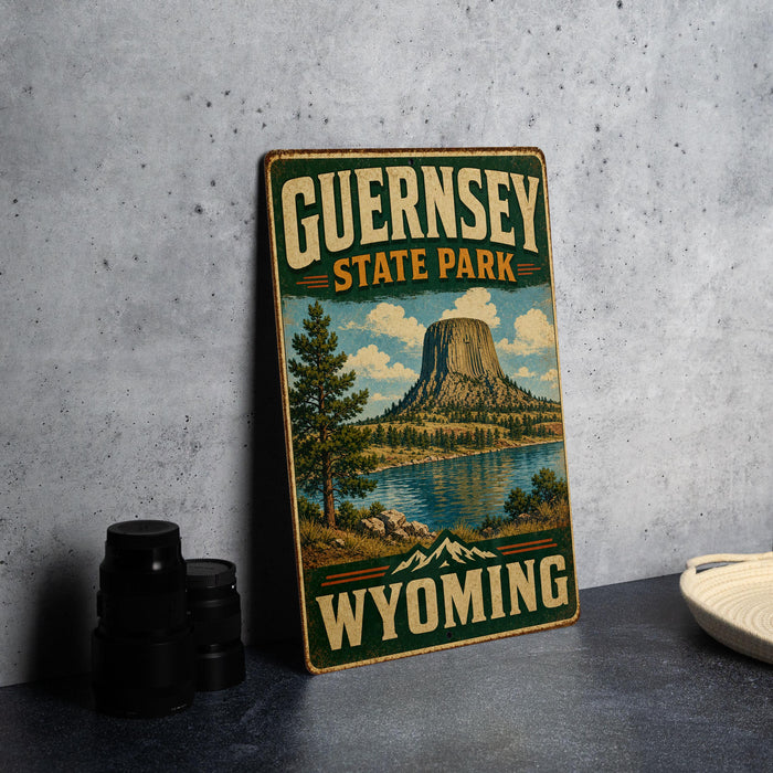A vintage-style metal sign for Guernsey State Park in Wyoming, featuring a scenic illustration of the park's landscape and a prominent mountain.