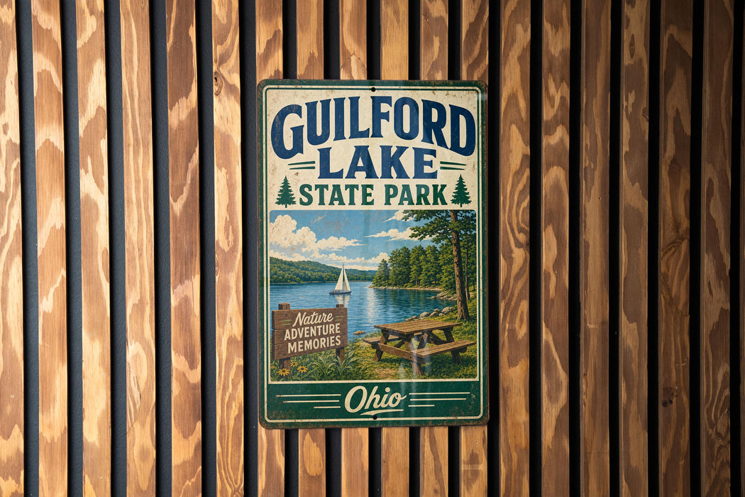 A vintage metal sign for Guilford Lake State Park in Ohio, featuring a scenic image of the lake and surrounding landscape.