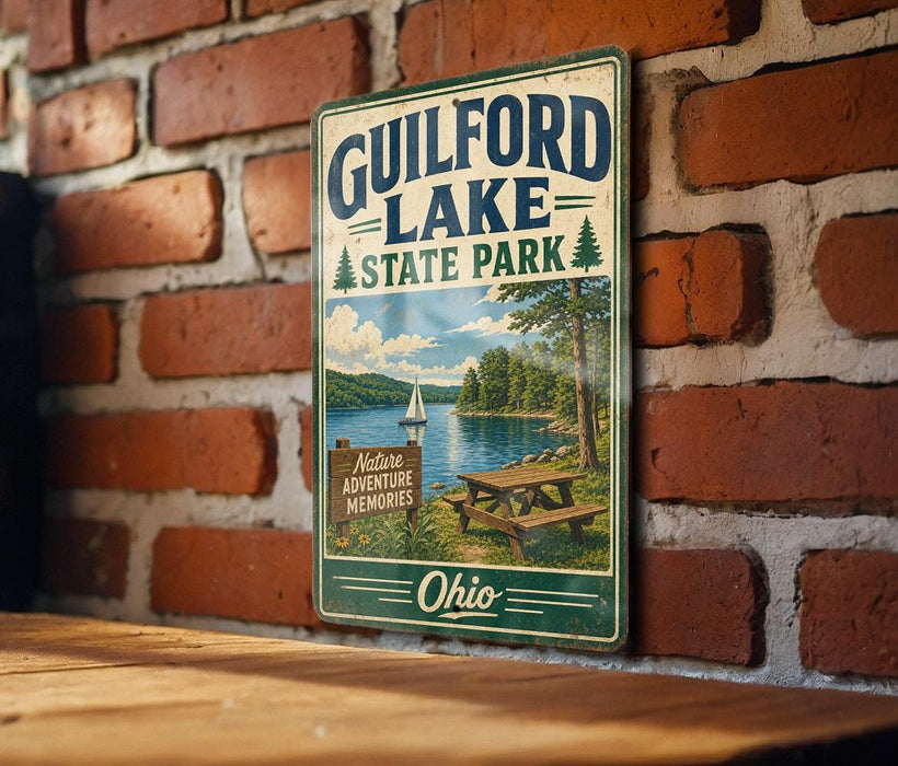 A vintage metal sign for Guilford Lake State Park, featuring a scenic image of a lake, picnic table, and trees, mounted on a brick wall.