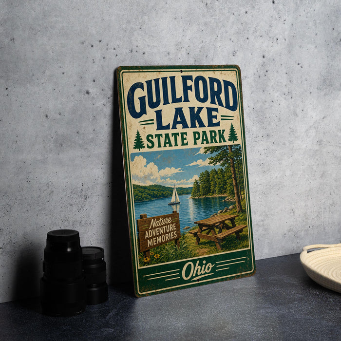 A vintage metal sign for Guilford Lake State Park in Ohio, featuring a scenic landscape with a lake, picnic table, and trees.