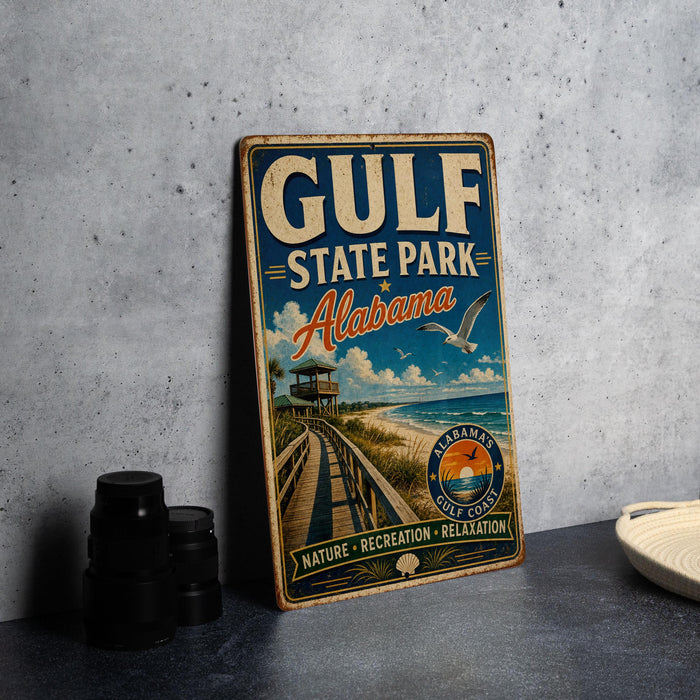 A vintage-style sign for Gulf State Park, Alabama, featuring a beach scene with a wooden walkway and a bird in flight.
