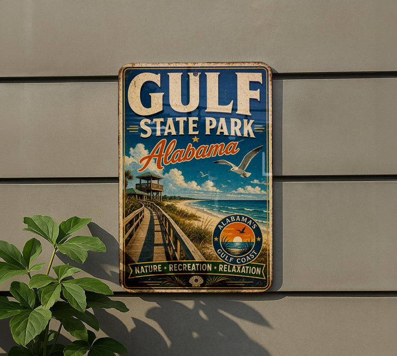 A vintage-style metal sign for Gulf State Park, Alabama, featuring a beach scene and a wooden walkway.