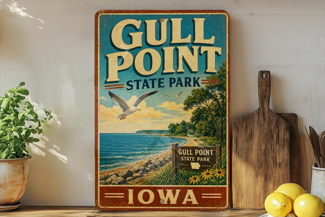 A vintage-style metal sign for Gull Point State Park in Iowa, featuring a seagull flying over a beach landscape with a blue sky and ocean in the background.