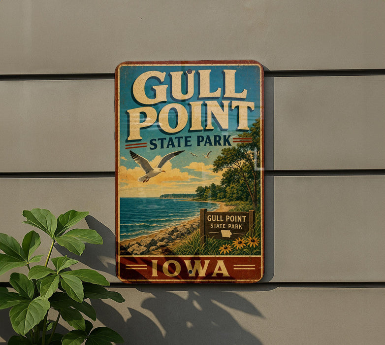 A vintage metal sign for Gull Point State Park in Iowa, featuring a scenic landscape with a beach, mountains, and a seagull in flight.