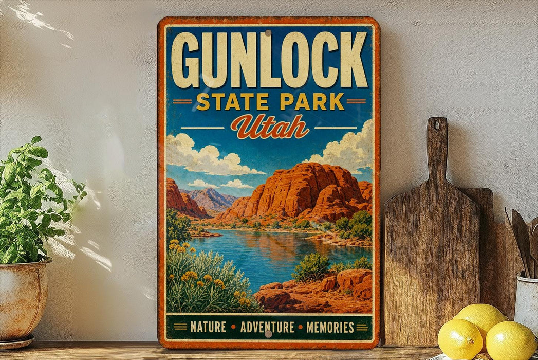 A vintage-style sign for Gunlock State Park in Utah, featuring a scenic landscape with mountains, a lake, and a desert backdrop.