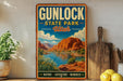 A vintage-style sign for Gunlock State Park in Utah, featuring a scenic landscape with mountains, a lake, and a desert backdrop.